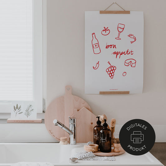 Design Poster mit verschiedenen Illustrationen rund um das Thema Essen zum Download.