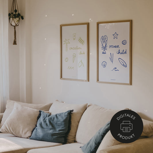 Design Poster mit verschiedenen Illustrationen rund um das Thema Sommerurlaub zum Download.