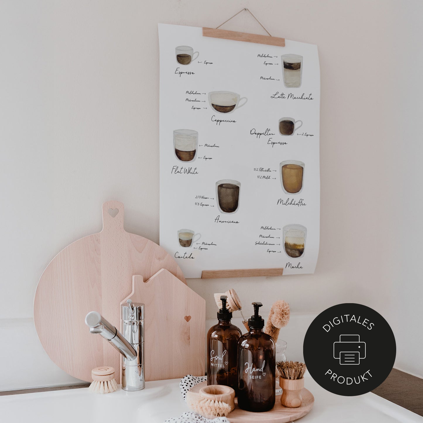 Poster mit verschiedenen Kaffeegetränken im Aquarell Stil -  eignet sich als Küchendeko und wird selbst ausgedruckt.