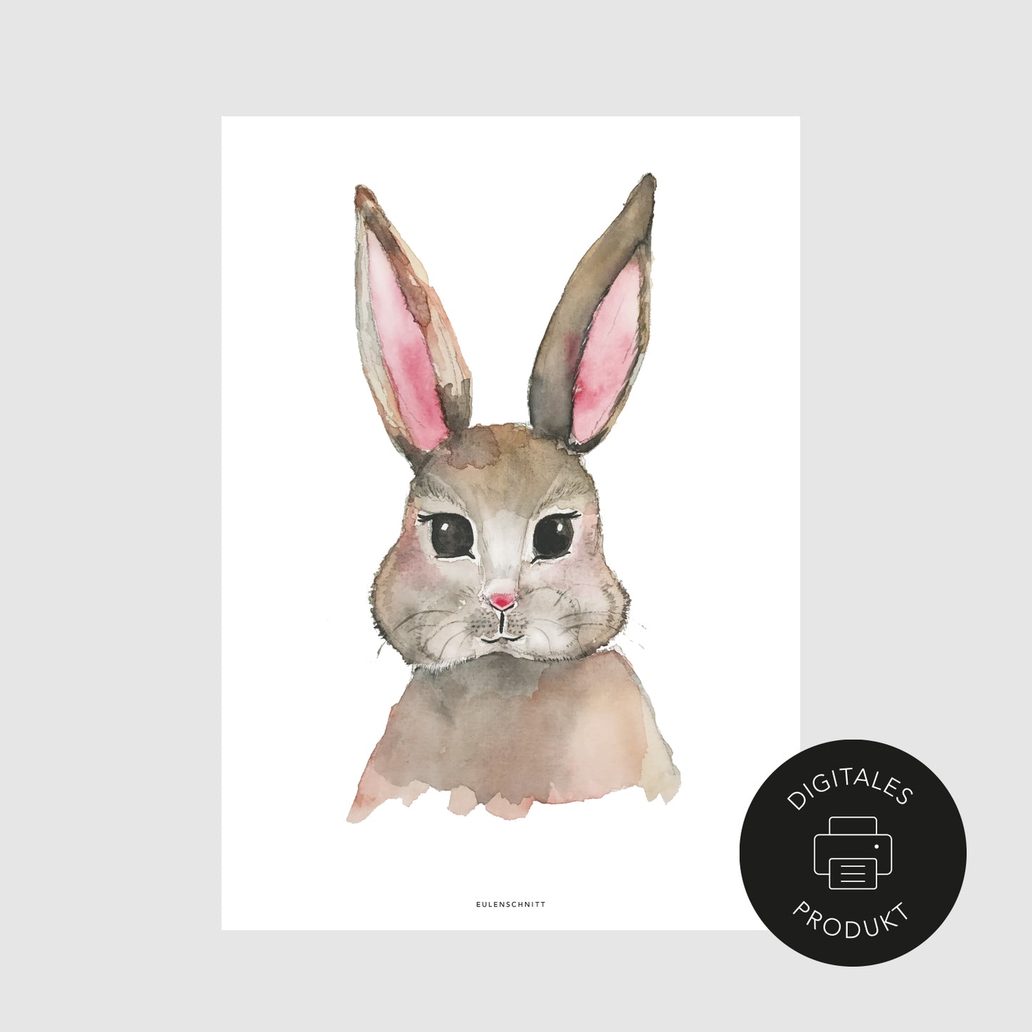 Neutrale Ansicht vom Hasen Poster im Aquarell Stil, gekennzeichnet als digitales Produkt.