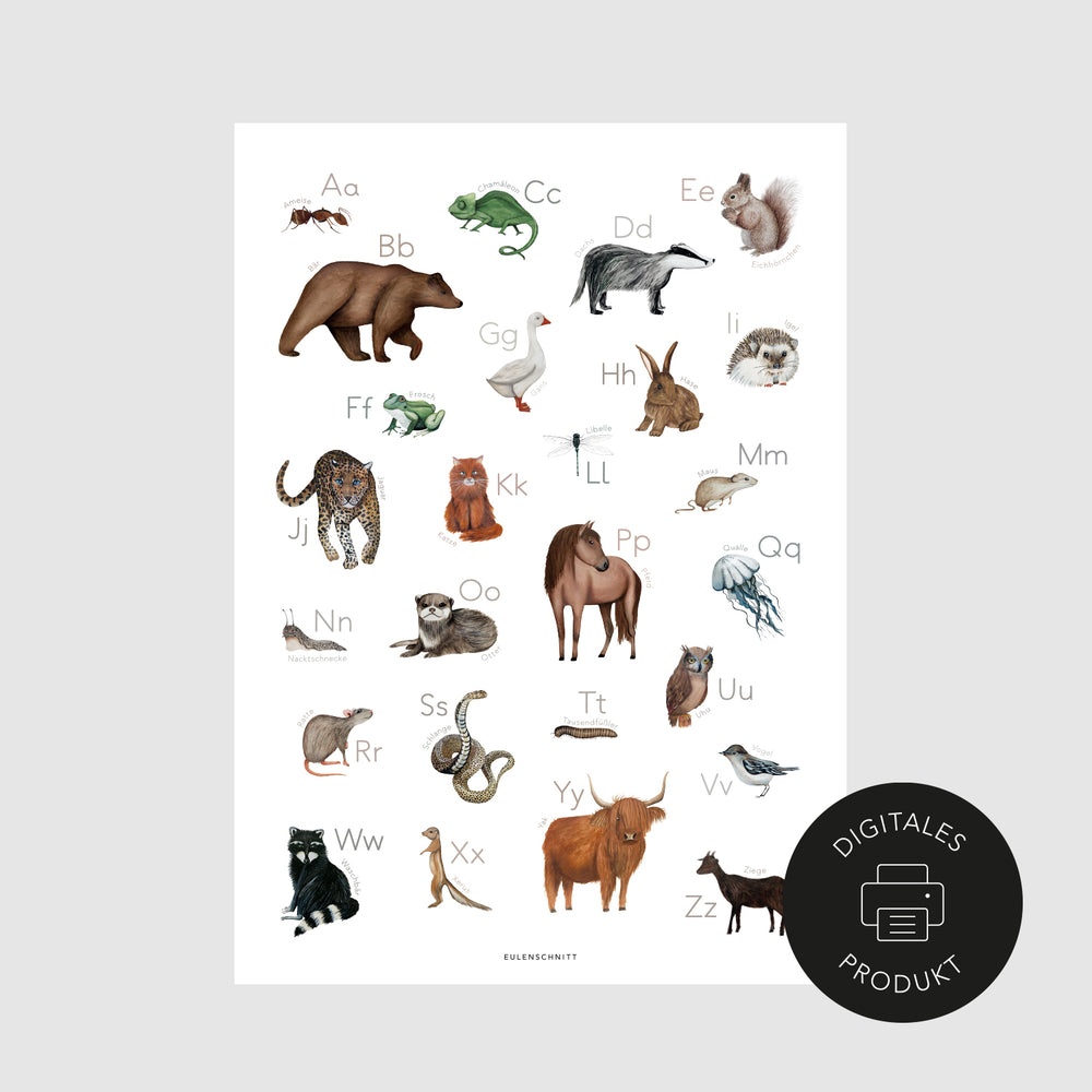 Schlichte Ansicht vom ABC-Poster im Aquarell Stil, gekennzeichnet als digitales Produkt von Eulenschnitt.