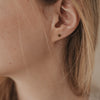 Nahaufnahme eines goldenen Stern-Ohrsteckers Jackie Gold am Ohr, filigraner Schmuck aus Goldvermeil.