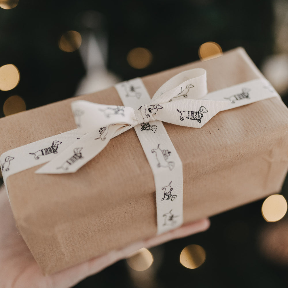 Nahaufnahme Geschenkband Weihnachtsdackel um Geschenk gewickelt, festliche Szene mit Lichtern