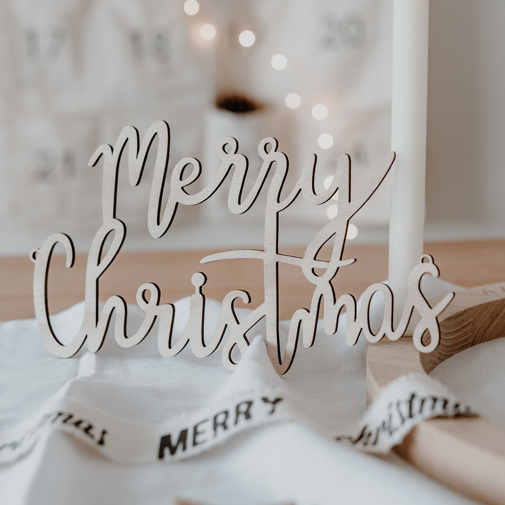 Lettrage en relief "Merry Christmas" en bois naturel