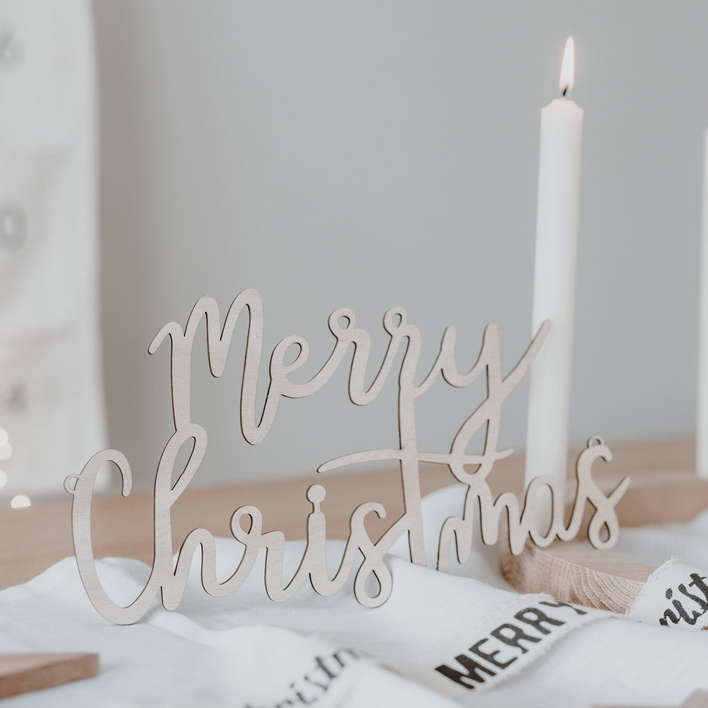 Lettrage en relief "Merry Christmas" en bois naturel